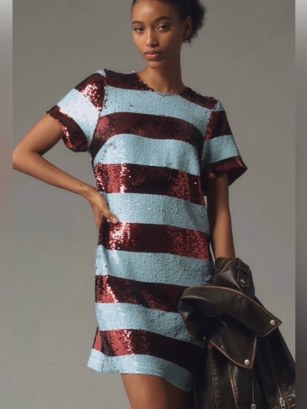 Anthropologie Maeve Striped Sequin Mini Dress Women’s Small Blue Burgundy Party